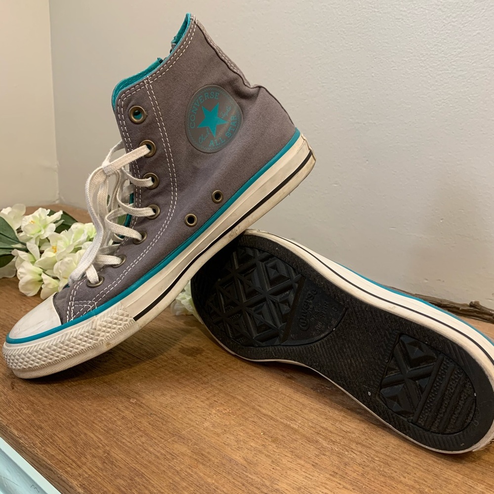 Grey and blue zip up high top converse allstars